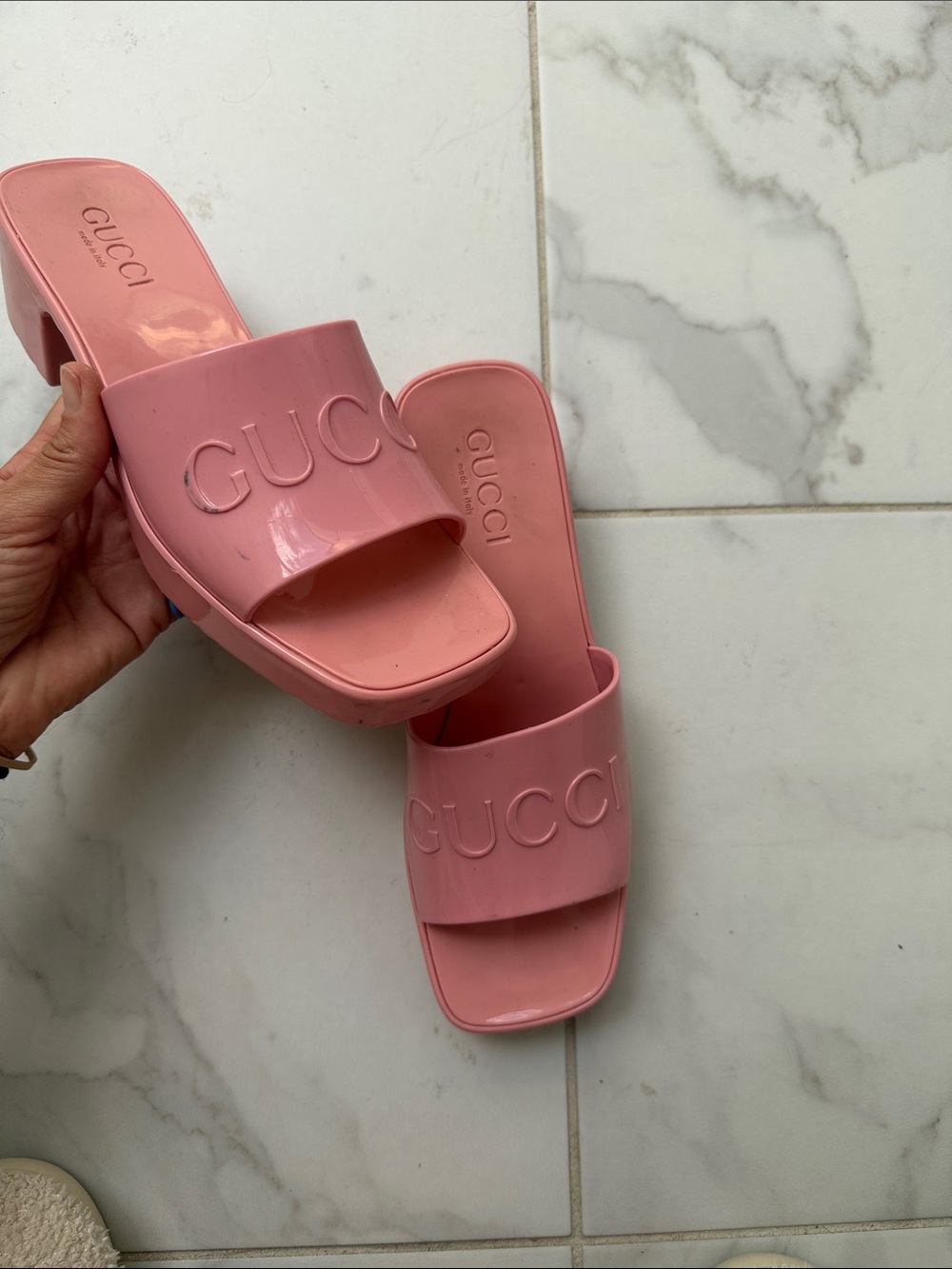 Gucci Pink Slide Sandals with Embossed Logo